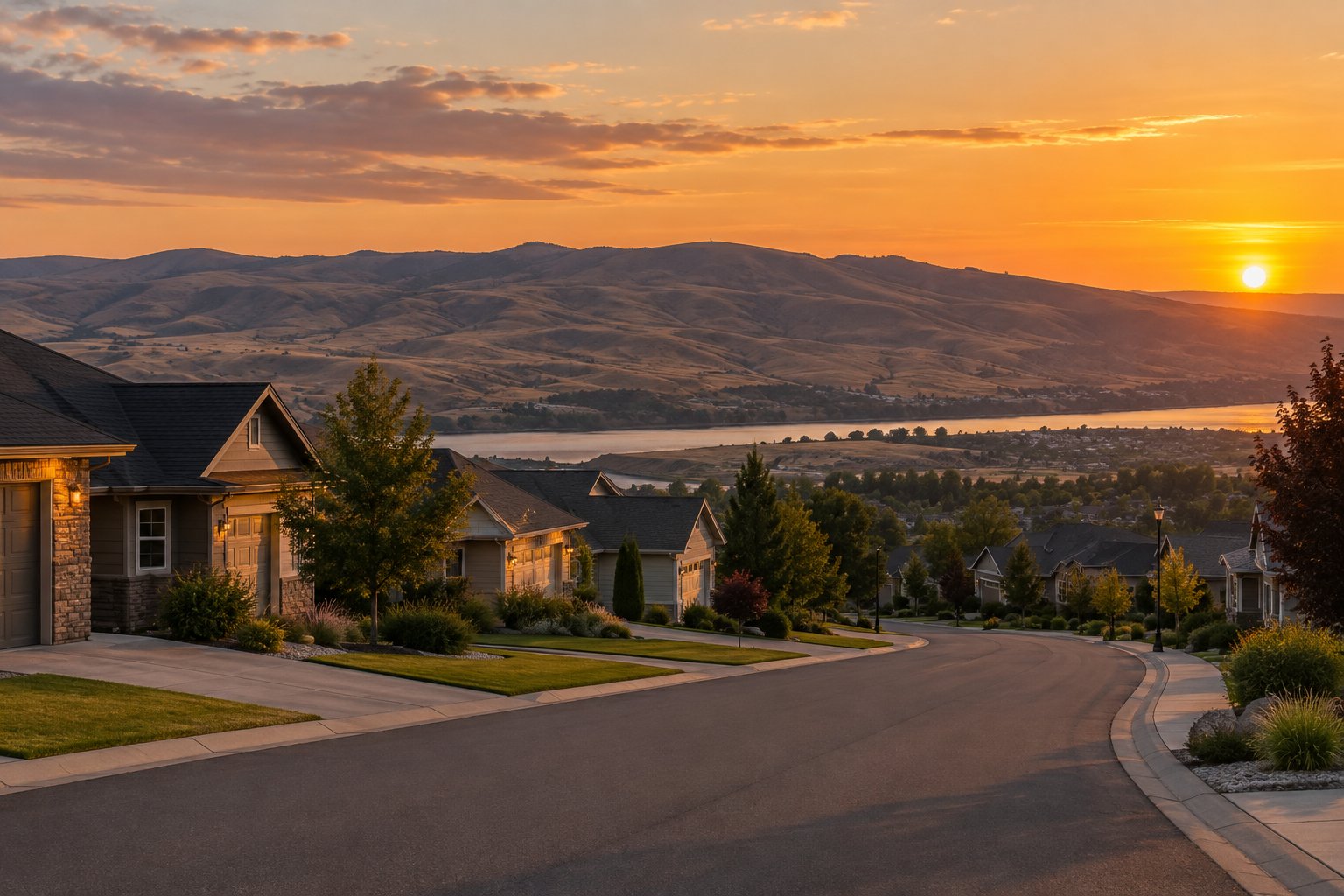 A Tri-Cities, Washington street at sunset, illustrative