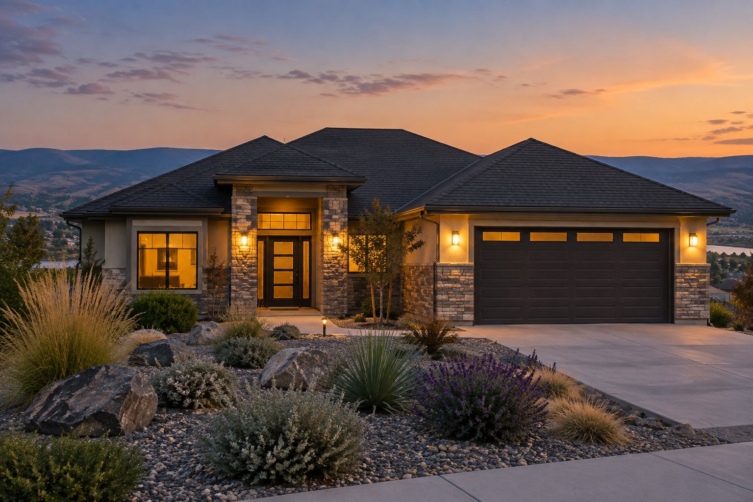 A Tri-Cities, Washington home exterior at dusk, illustrative